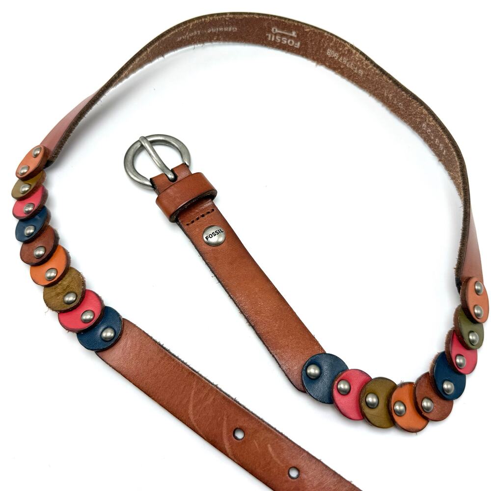 Fossil Boho Hippie Skinny Belt S 30-34 Leather Circle Dots Tan Brown Colorful